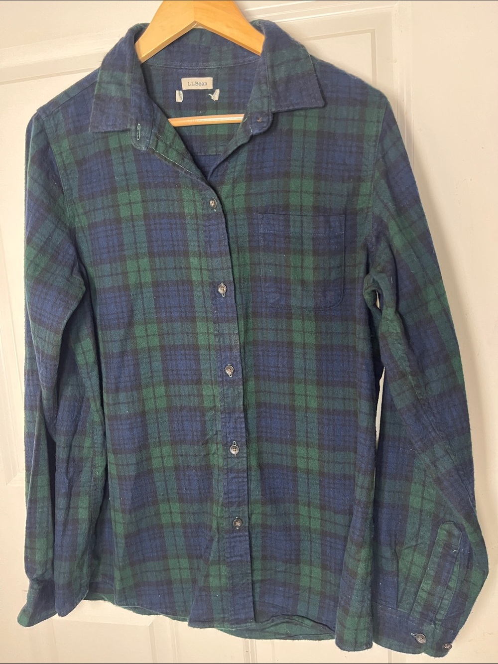 LL Bean Plaid Flannel Button Down shirt, blue green soft thick, gorpcore classic